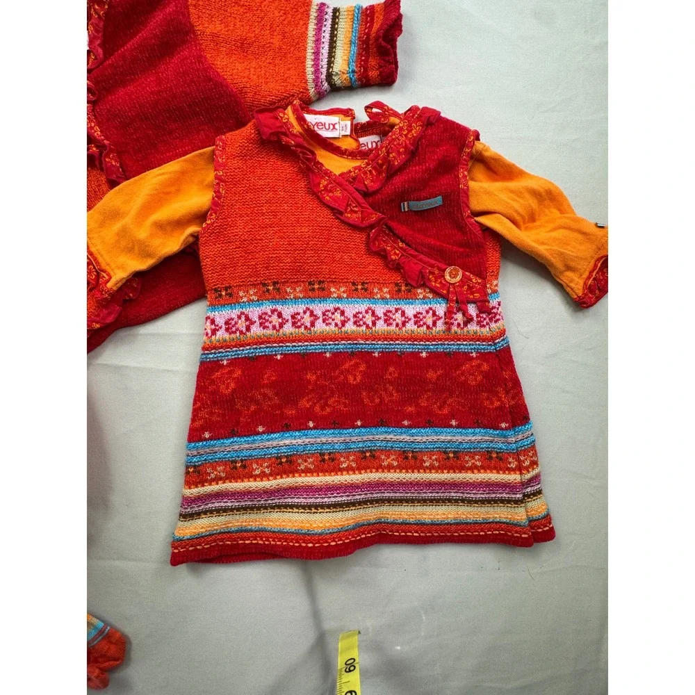 Clayeux Enfant Girls 4pc Red Orange Knit Dress Cardigan Tights Set 9M France